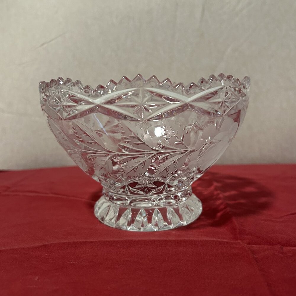 Vintage Etched Glass Pedestal Bowl with Sawtooth Edge